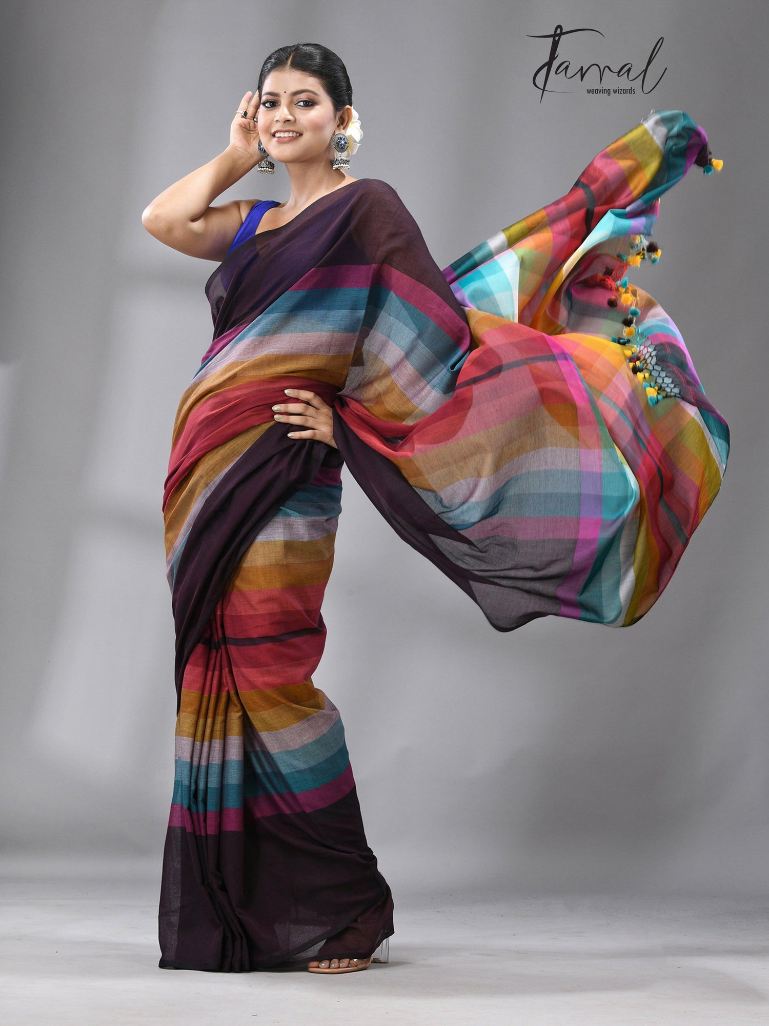 Brown with rainbow colour combination mul cotton handloom saree