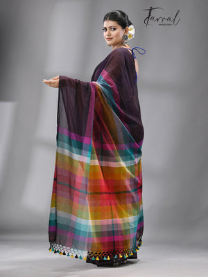 Brown with rainbow colour combination mul cotton handloom saree