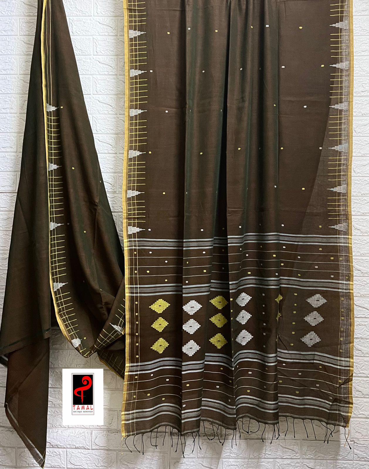 Brown with yellow border pure cotton handwoven jamdani saree