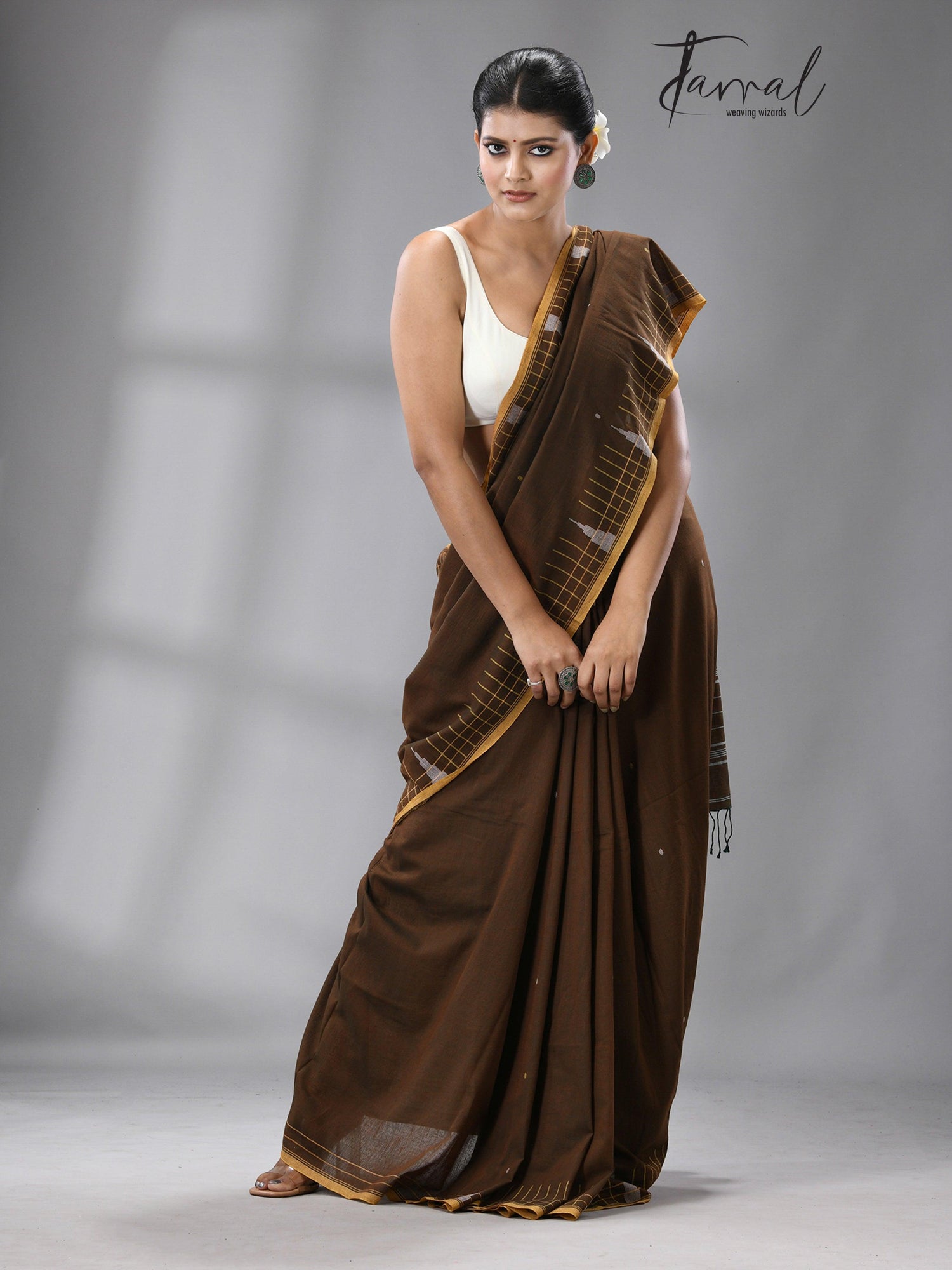Brown with yellow border pure cotton handwoven jamdani saree