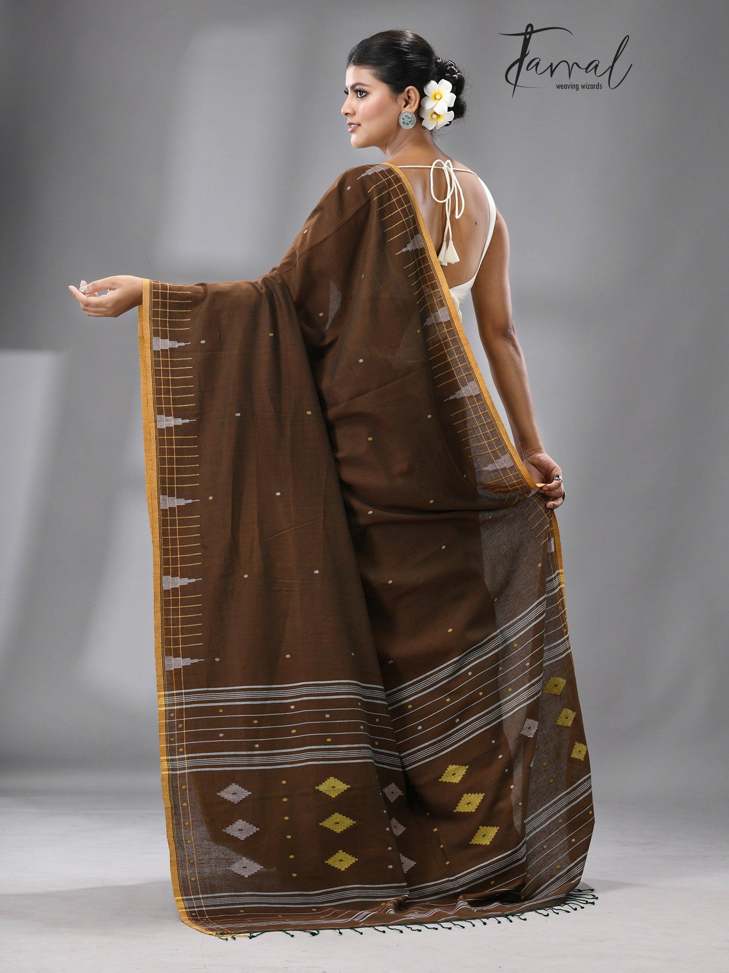 Brown with yellow border pure cotton handwoven jamdani saree