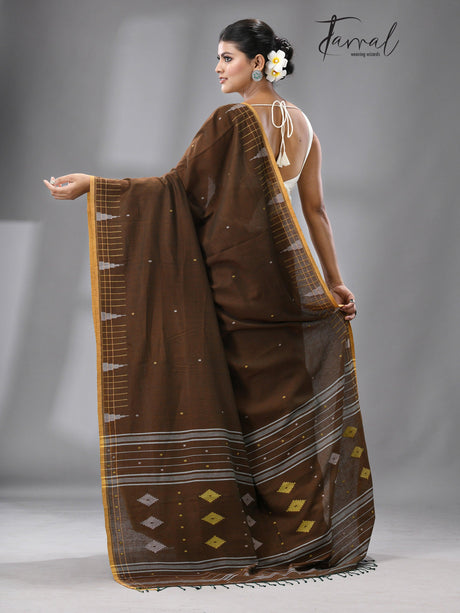 Brown with yellow border pure cotton handwoven jamdani saree