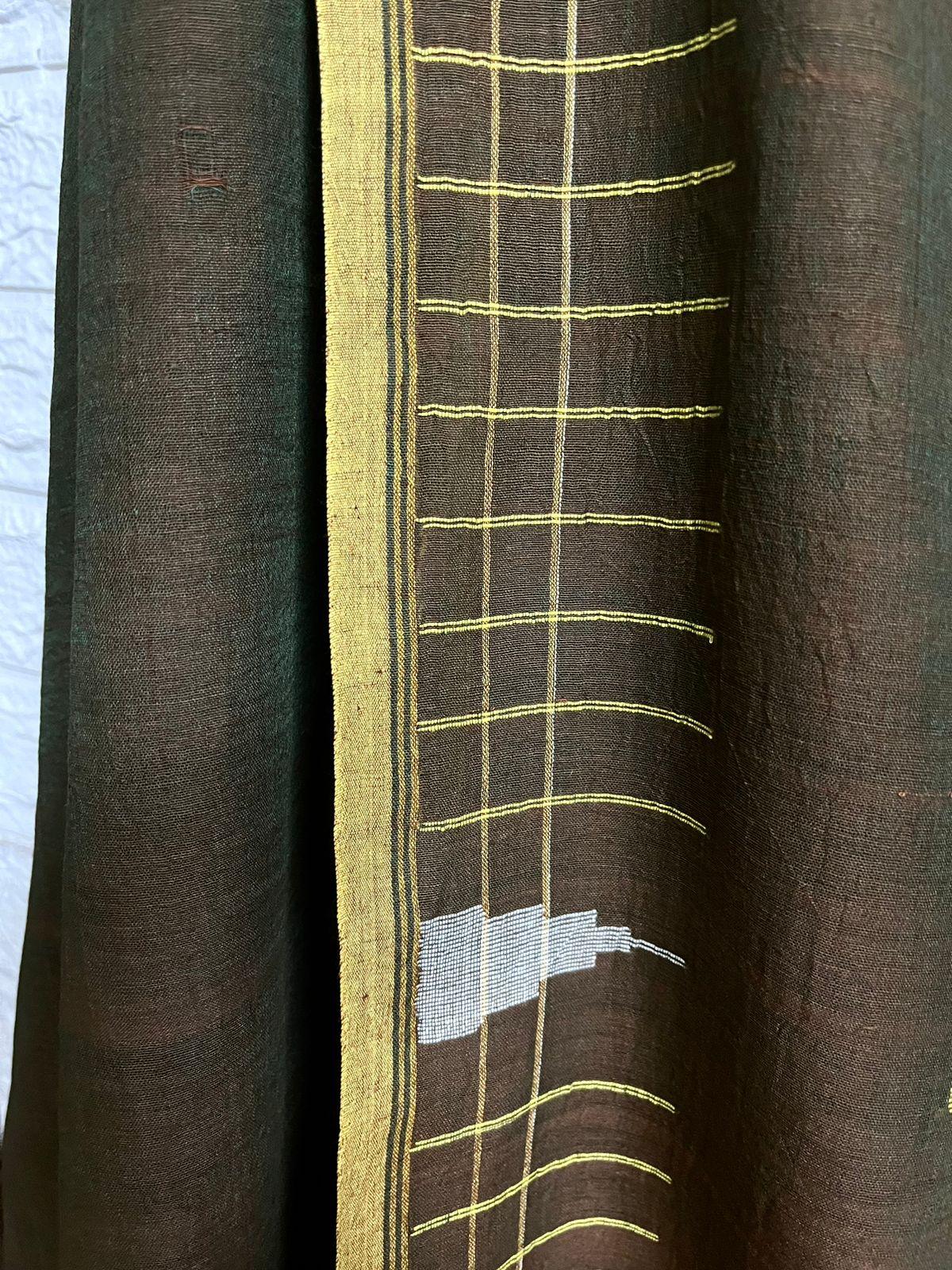 Brown with yellow border pure cotton handwoven jamdani saree