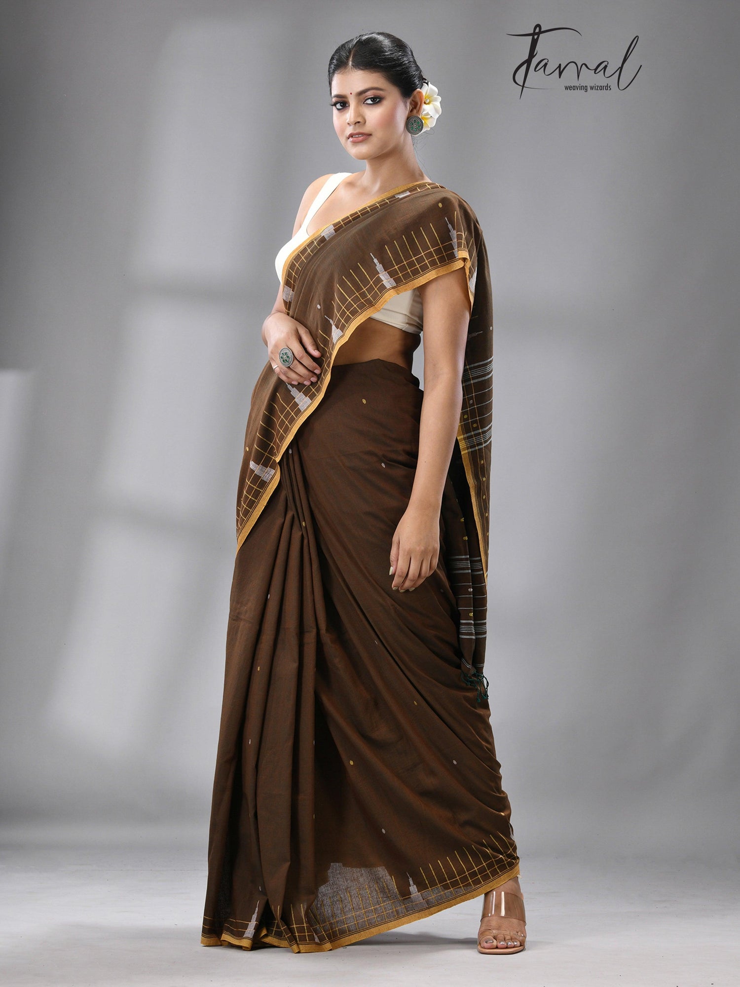 Brown with yellow border pure cotton handwoven jamdani saree