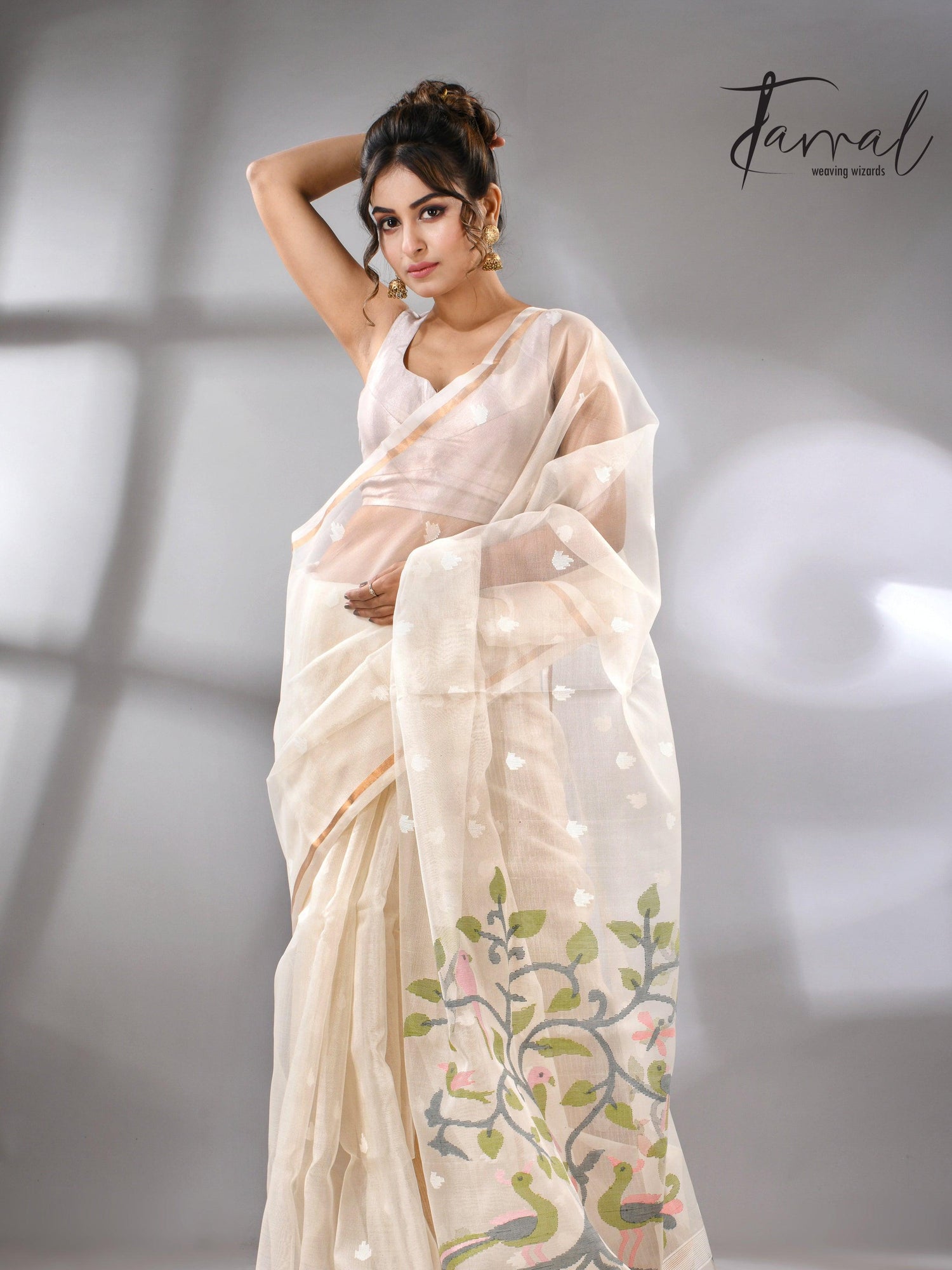 Buy Off White Muslin Silk Handloom needle work jamdani saree