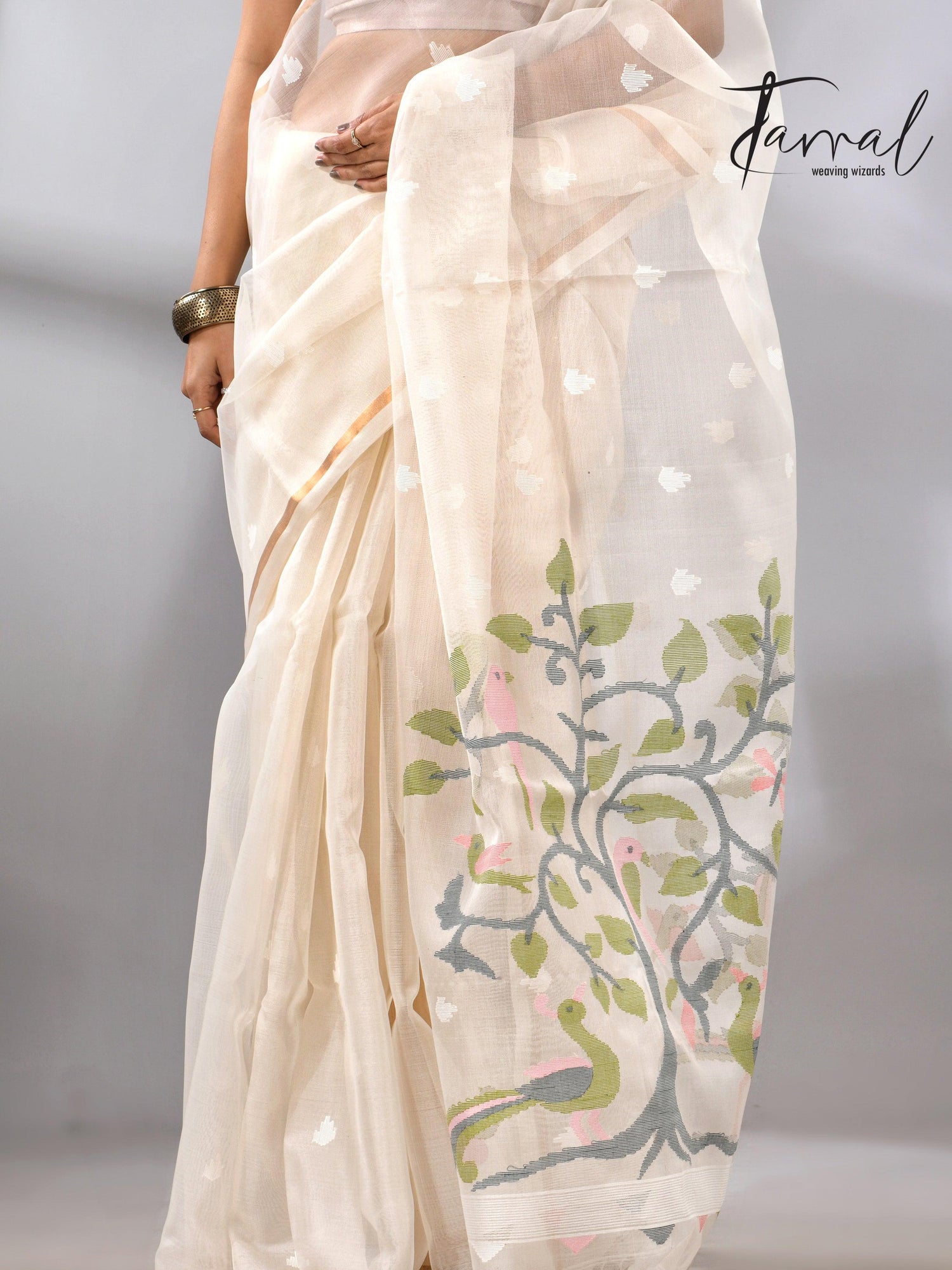 Buy Off White Muslin Silk Handloom needle work jamdani saree bottom