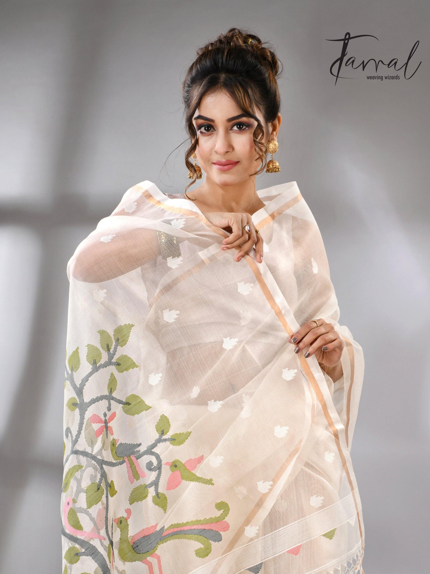 Buy Off White Muslin Silk Handloom needle work jamdani saree cls