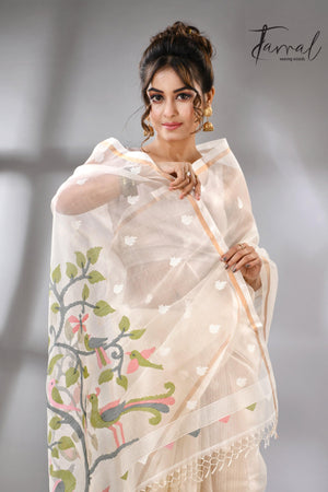 Buy Off White Muslin Silk Handloom needle work jamdani saree cls