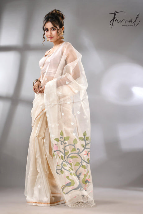 Buy Off White Muslin Silk Handloom needle work jamdani saree left2