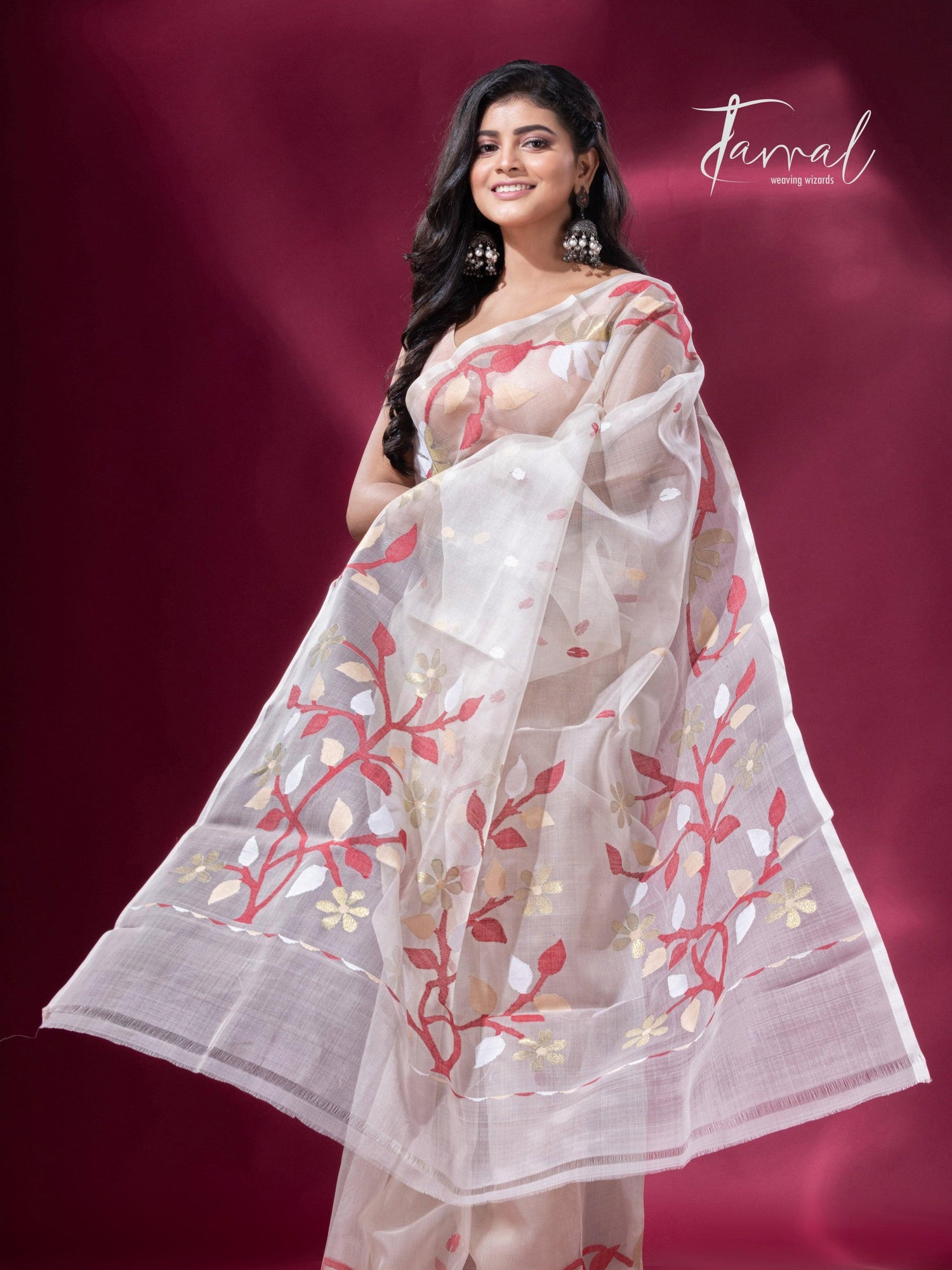 Buy off white floral border muslin silk handwoven jamdani saree