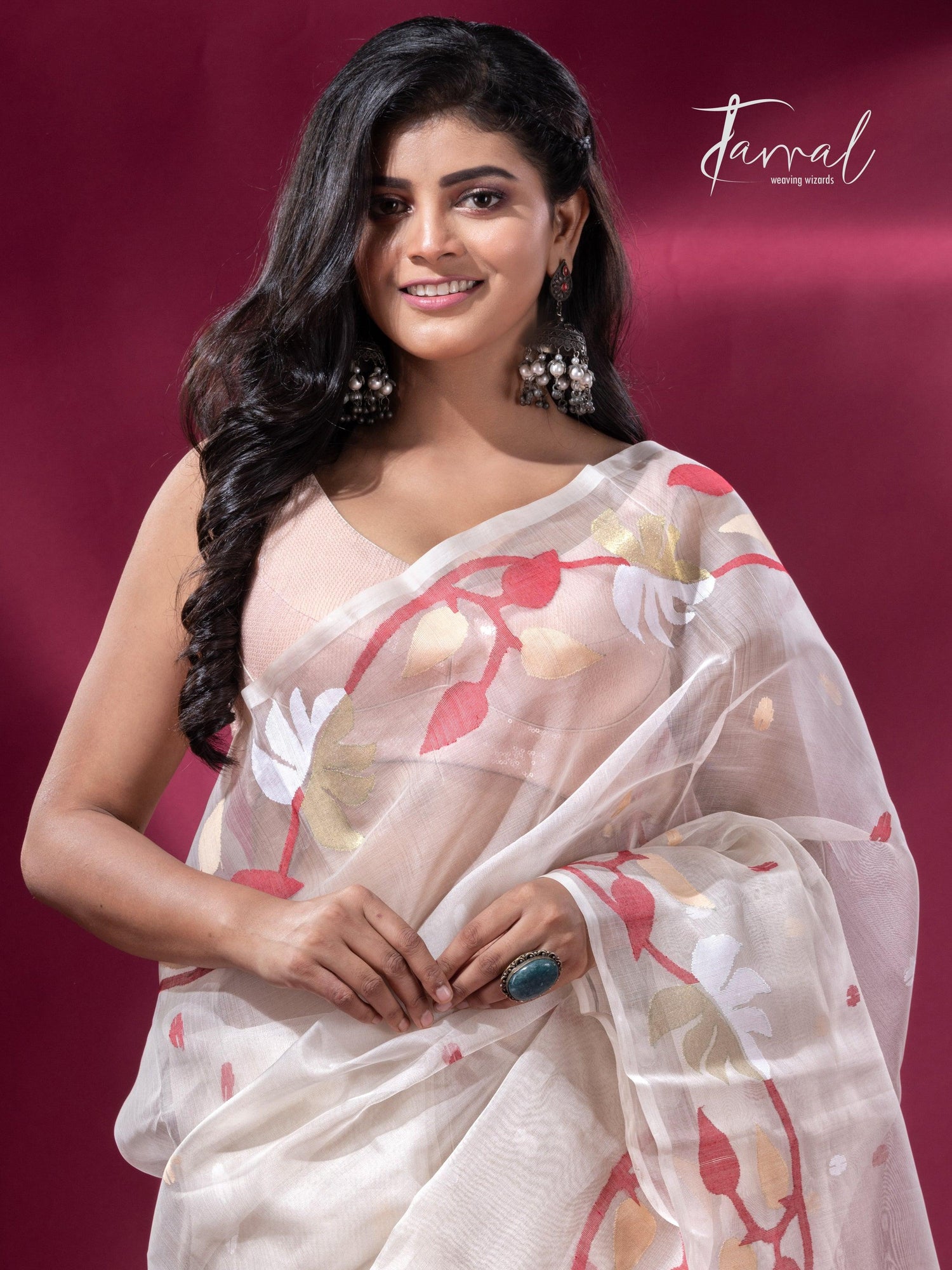 Buy off white floral border muslin silk handwoven jamdani saree