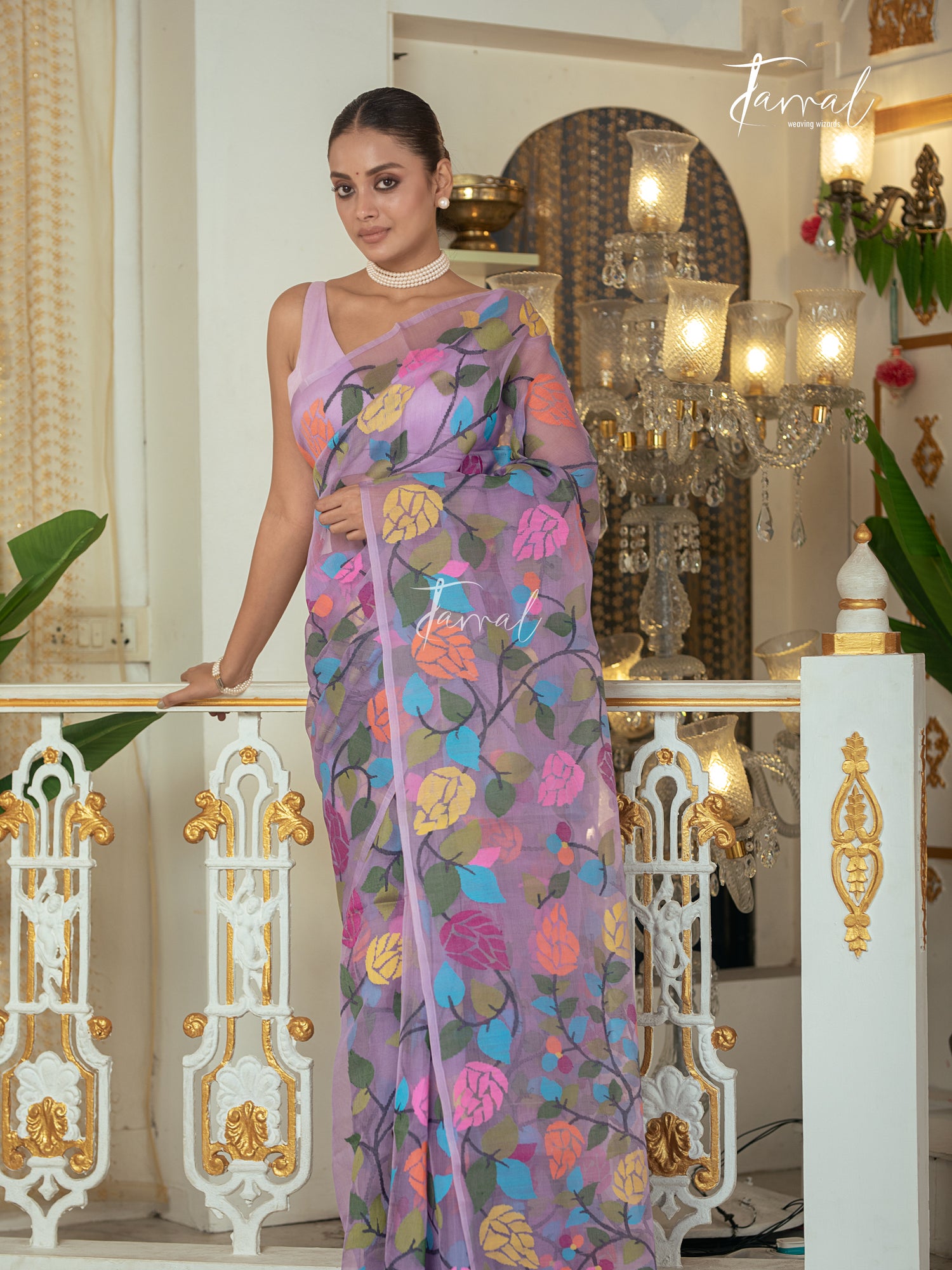 Lavender With Multicolour Colour Muslin Silk Handwoven Jamdani Saree
