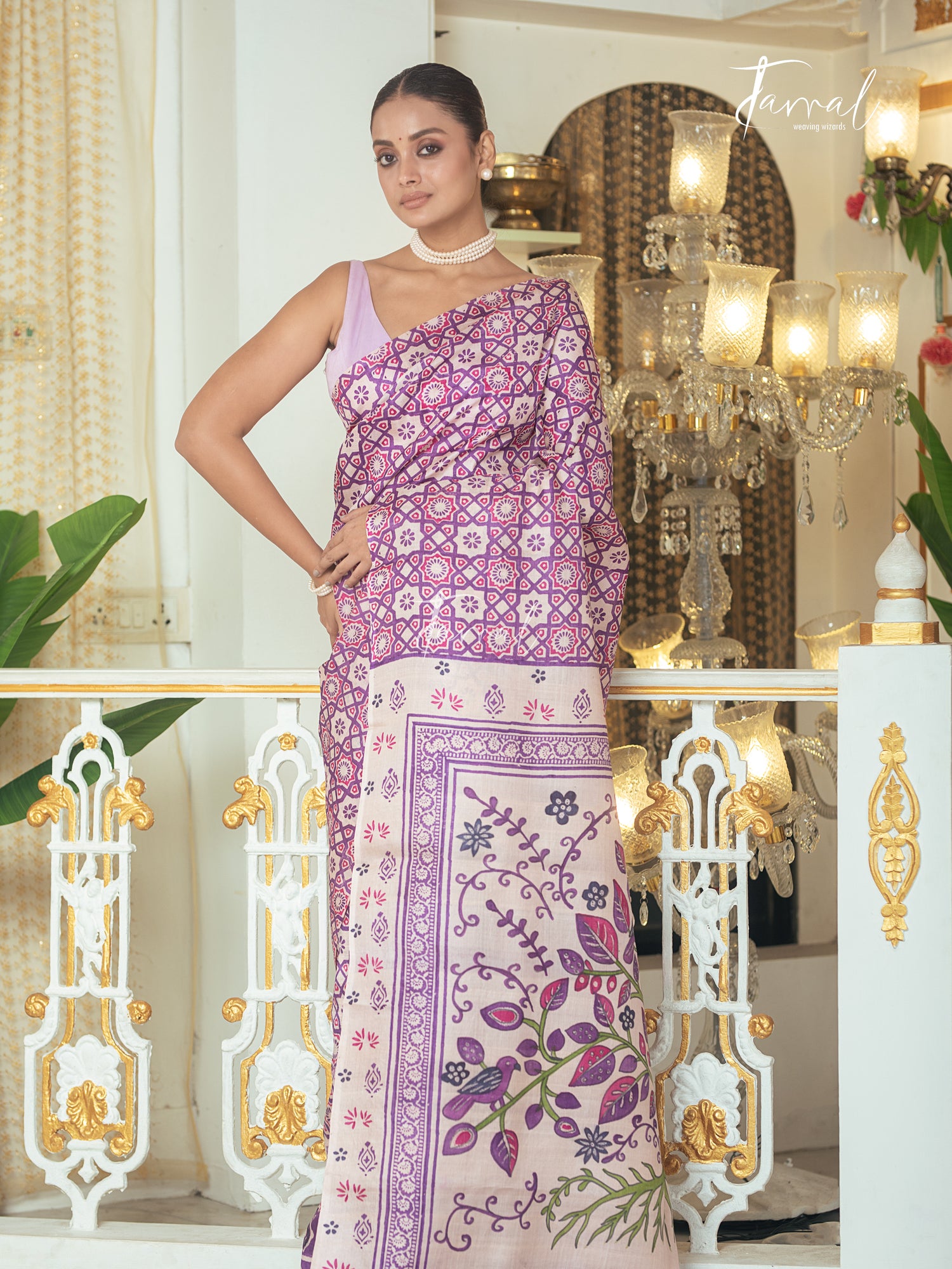 Lavender With Offwhite Combination Pure Tussar Silk Handblock Printed Saree