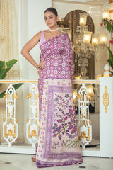 Lavender With Offwhite Combination Pure Tussar Silk Handblock Printed Saree