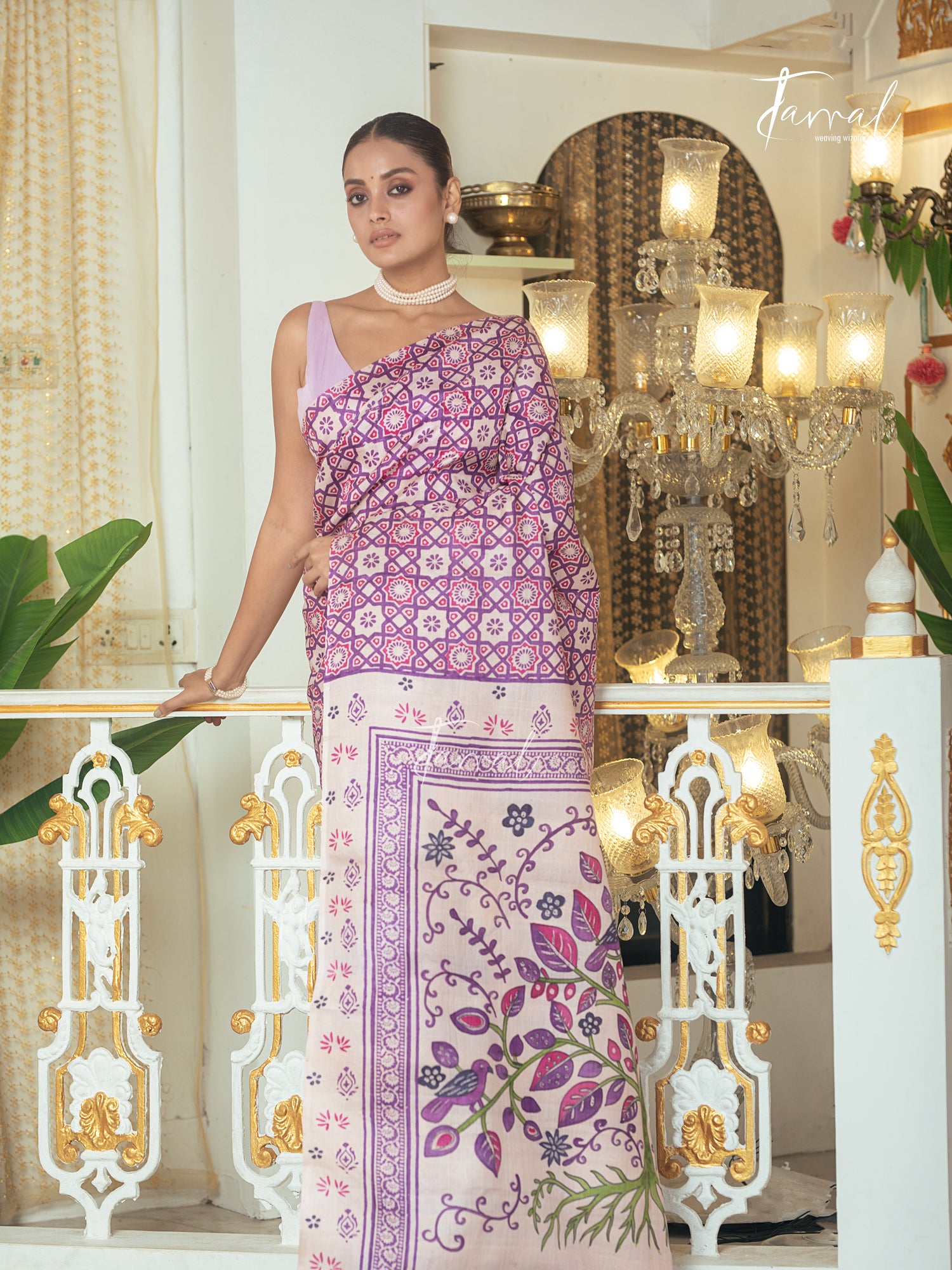 Lavender With Offwhite Combination Pure Tussar Silk Handblock Printed Saree