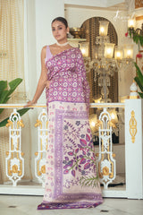 Lavender With Offwhite Combination Pure Tussar Silk Handblock Printed Saree