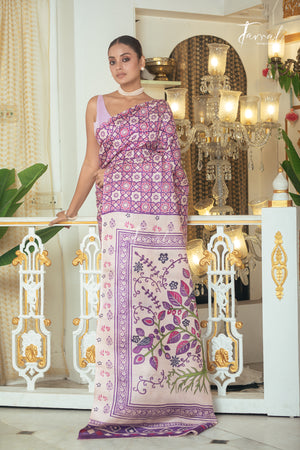 Lavender With Offwhite Combination Pure Tussar Silk Handblock Printed Saree