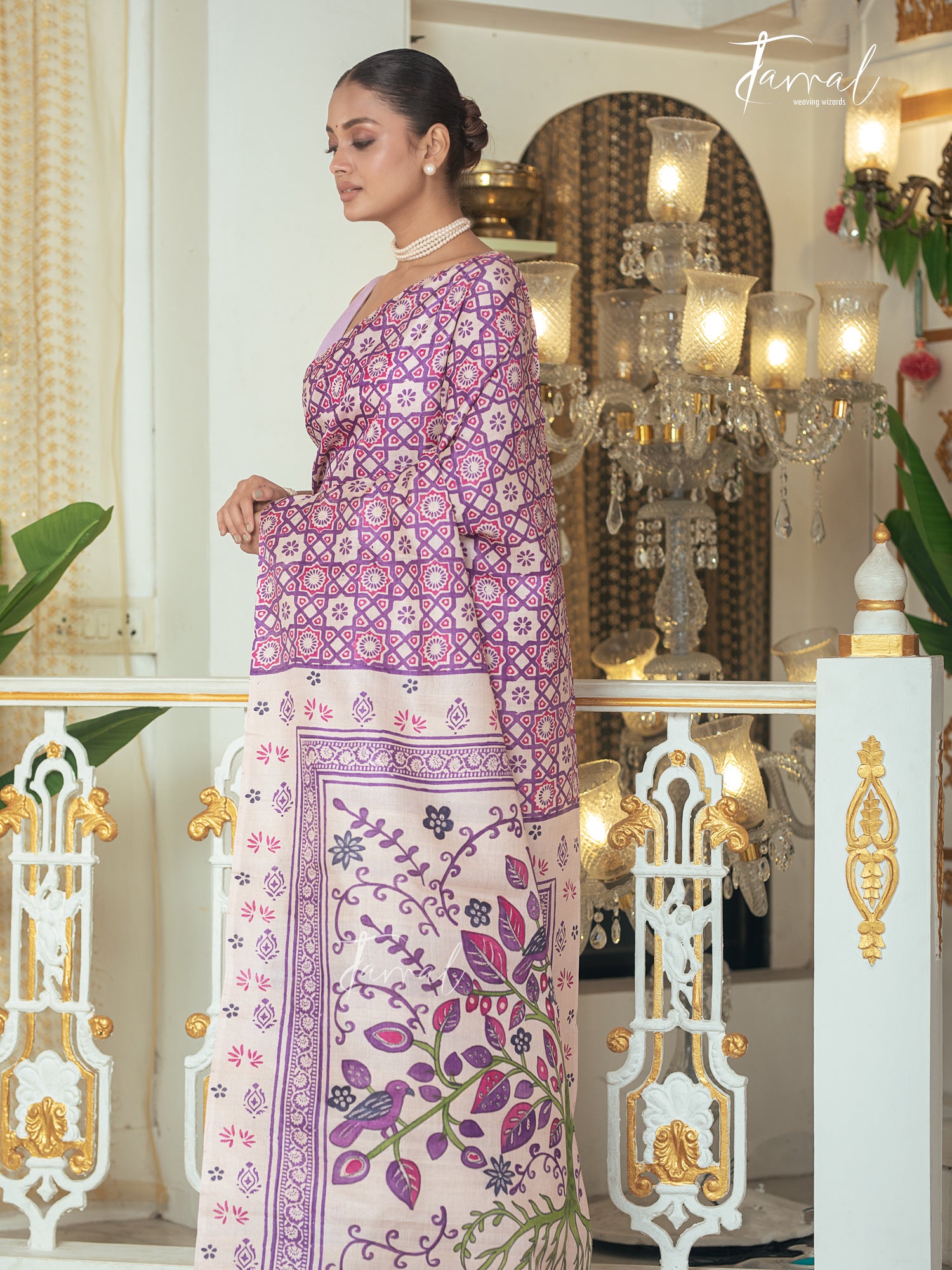 Lavender With Offwhite Combination Pure Tussar Silk Handblock Printed Saree