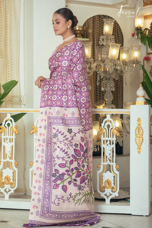 Lavender With Offwhite Combination Pure Tussar Silk Handblock Printed Saree