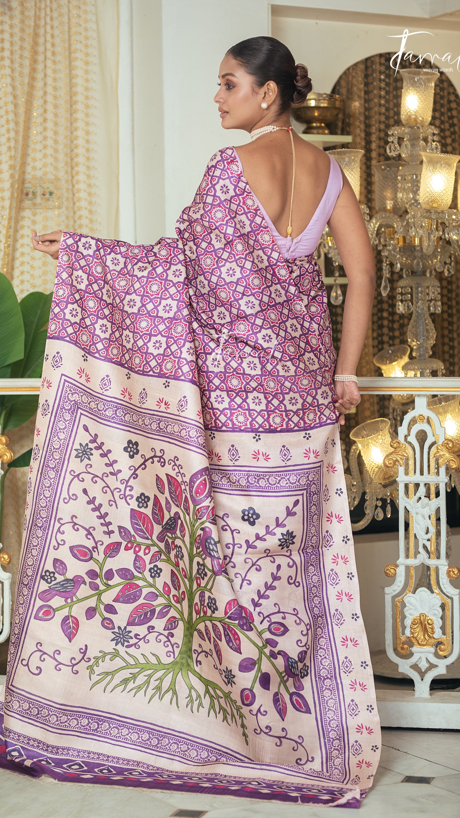 Lavender With Offwhite Combination Pure Tussar Silk Handblock Printed Saree