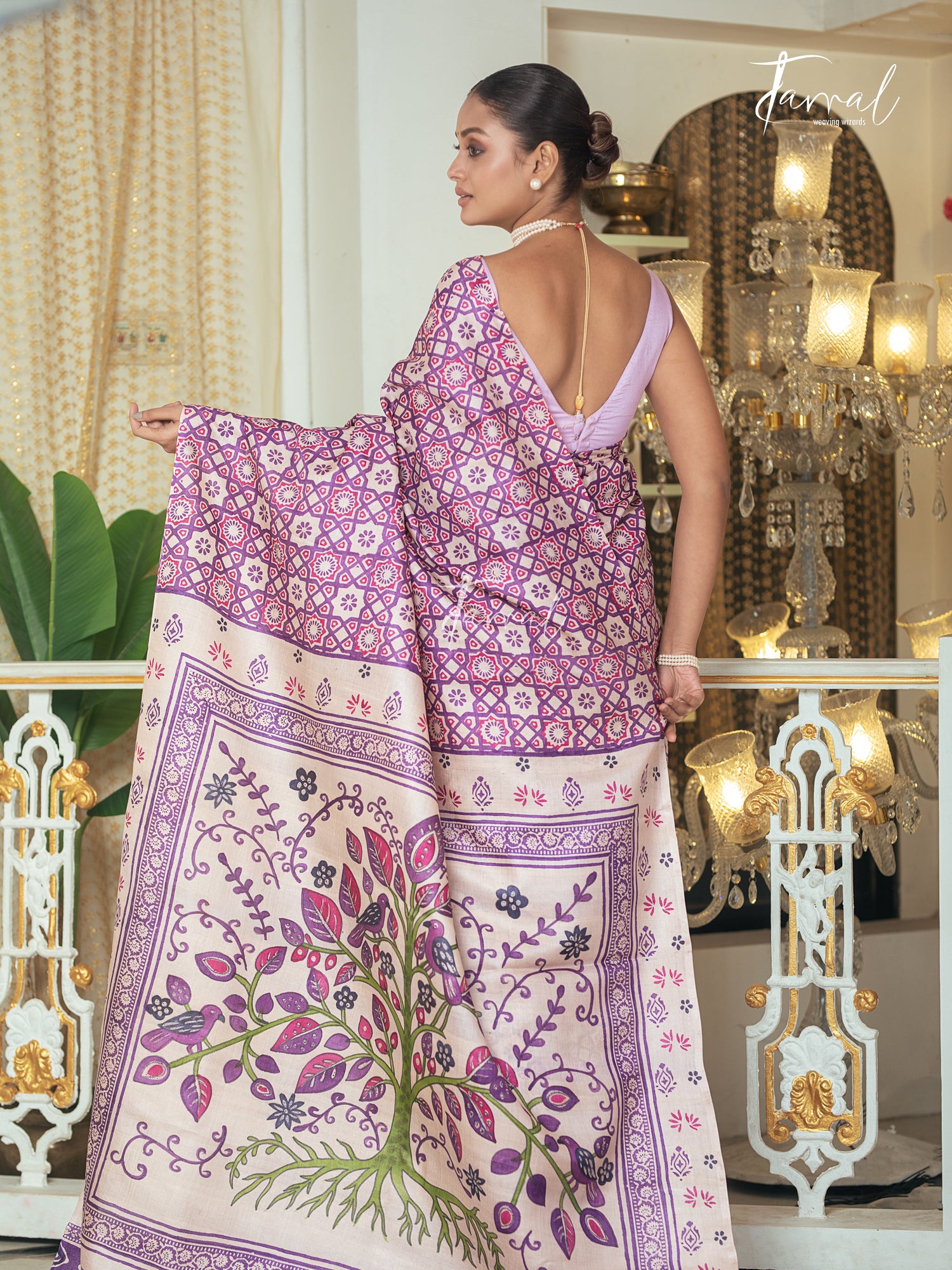 Lavender With Offwhite Combination Pure Tussar Silk Handblock Printed Saree
