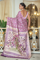 Lavender With Offwhite Combination Pure Tussar Silk Handblock Printed Saree