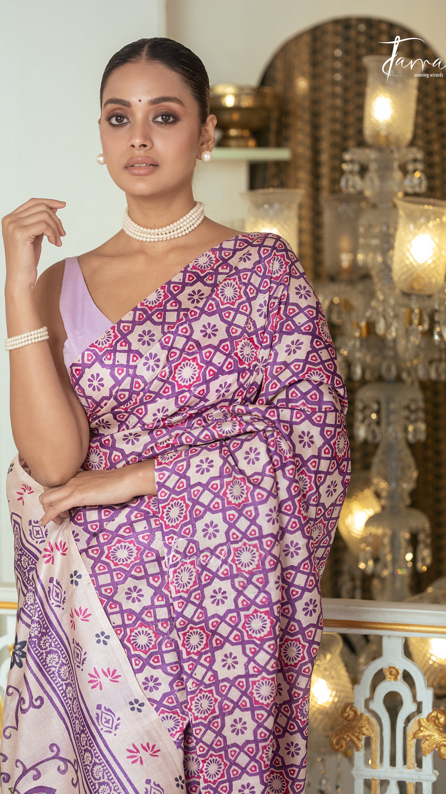 Lavender With Offwhite Combination Pure Tussar Silk Handblock Printed Saree