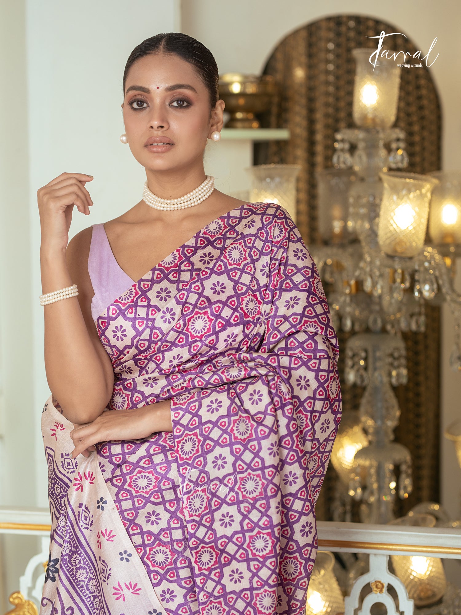 Lavender With Offwhite Combination Pure Tussar Silk Handblock Printed Saree