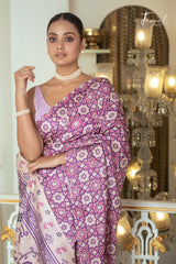 Lavender With Offwhite Combination Pure Tussar Silk Handblock Printed Saree