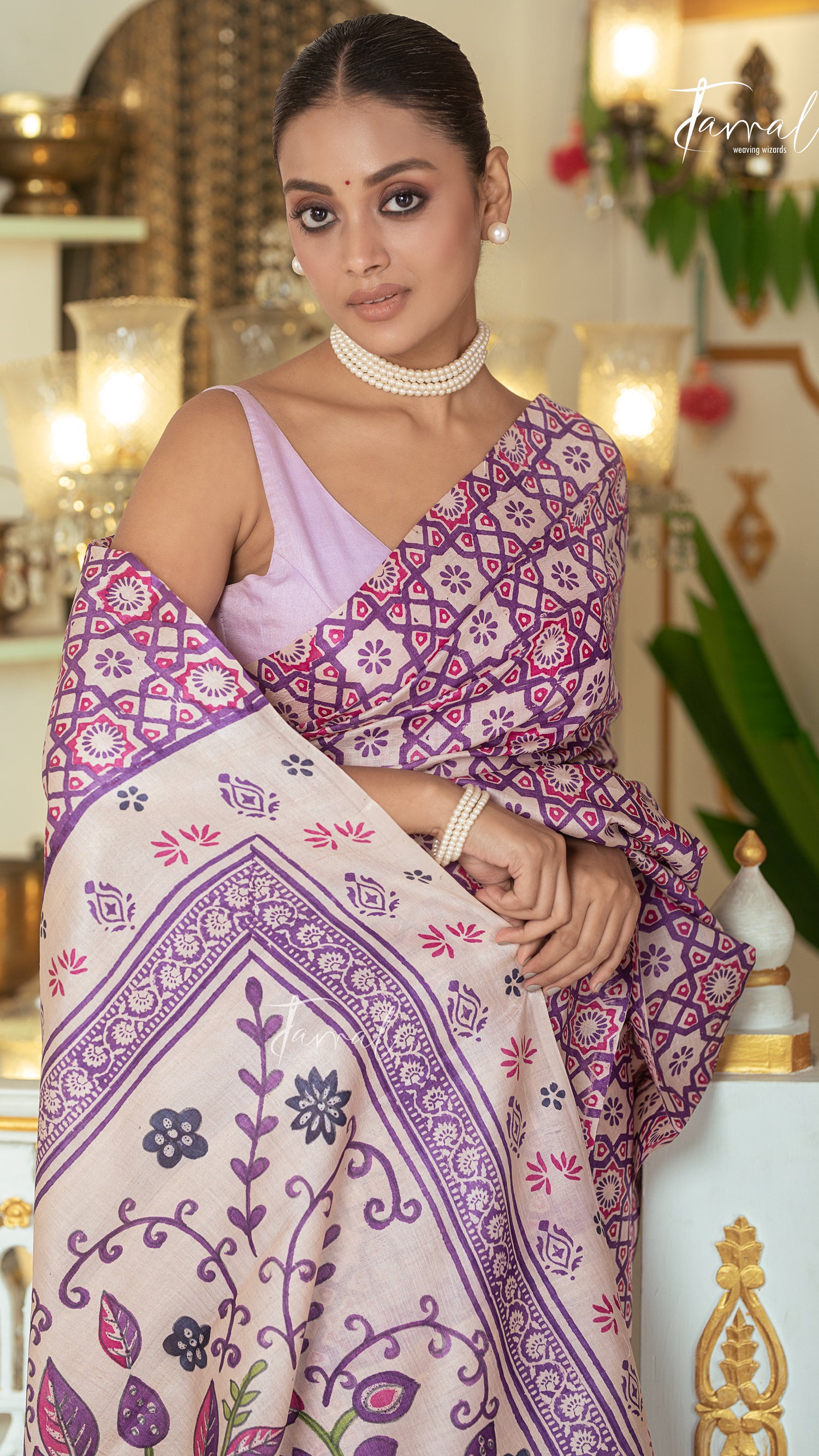 Lavender With Offwhite Combination Pure Tussar Silk Handblock Printed Saree