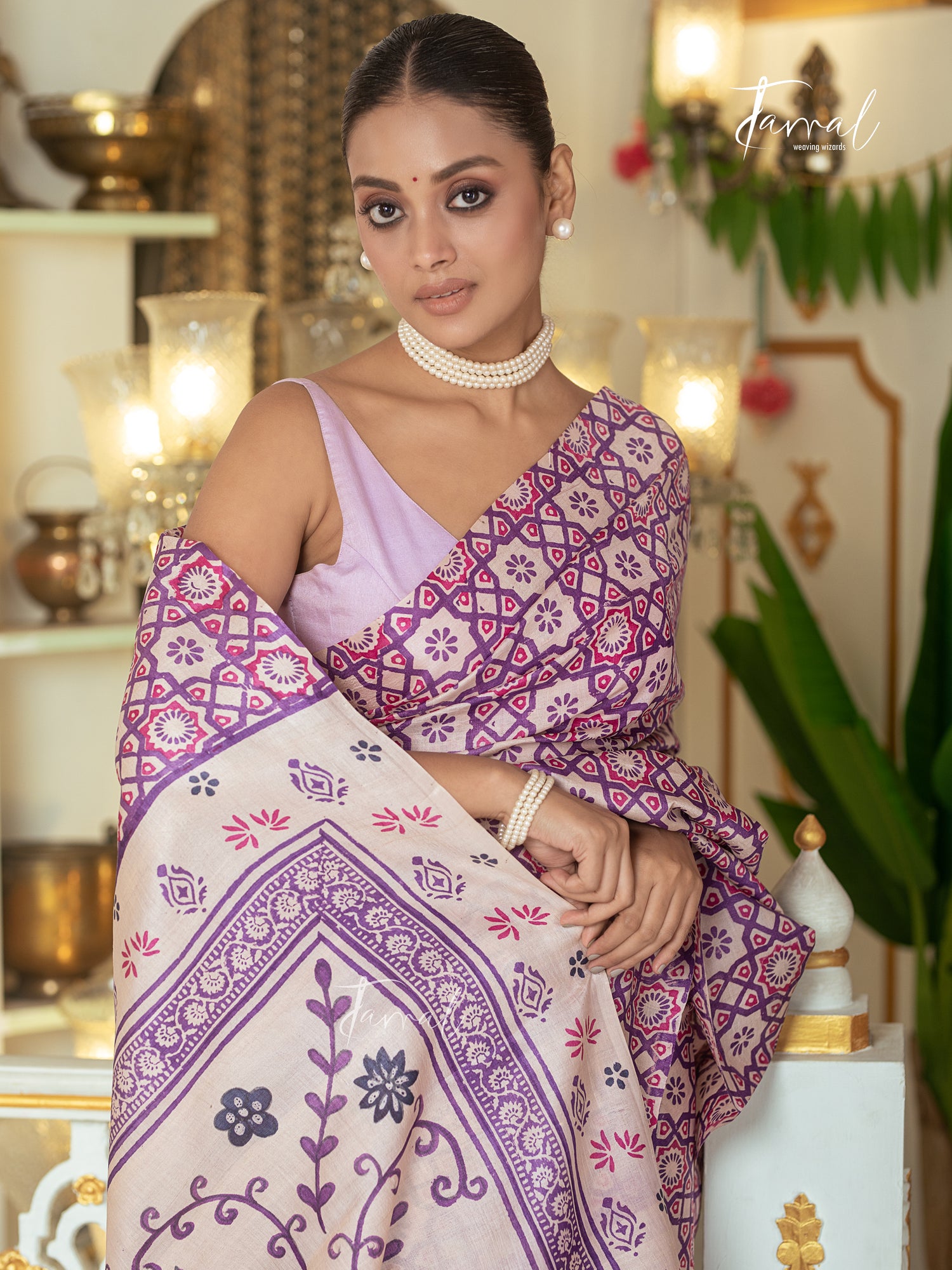 Lavender With Offwhite Combination Pure Tussar Silk Handblock Printed Saree