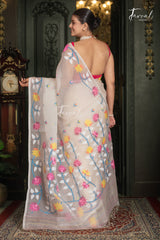Offwhite With Floral Border Muslin Silk Handwoven Jamdani Saree