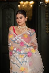 Offwhite With Floral Border Muslin Silk Handwoven Jamdani Saree