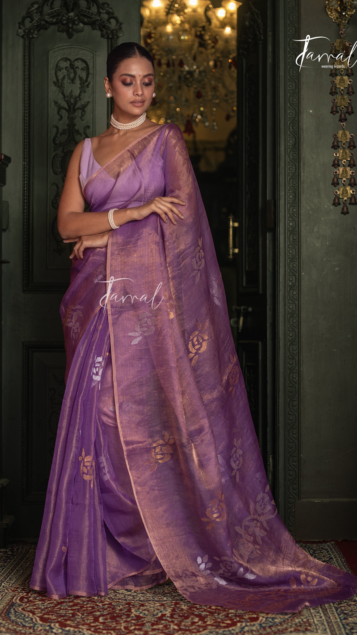Lavender Gold With Golden Rose Tissu Muslin Handwoven Jamdani Saree
