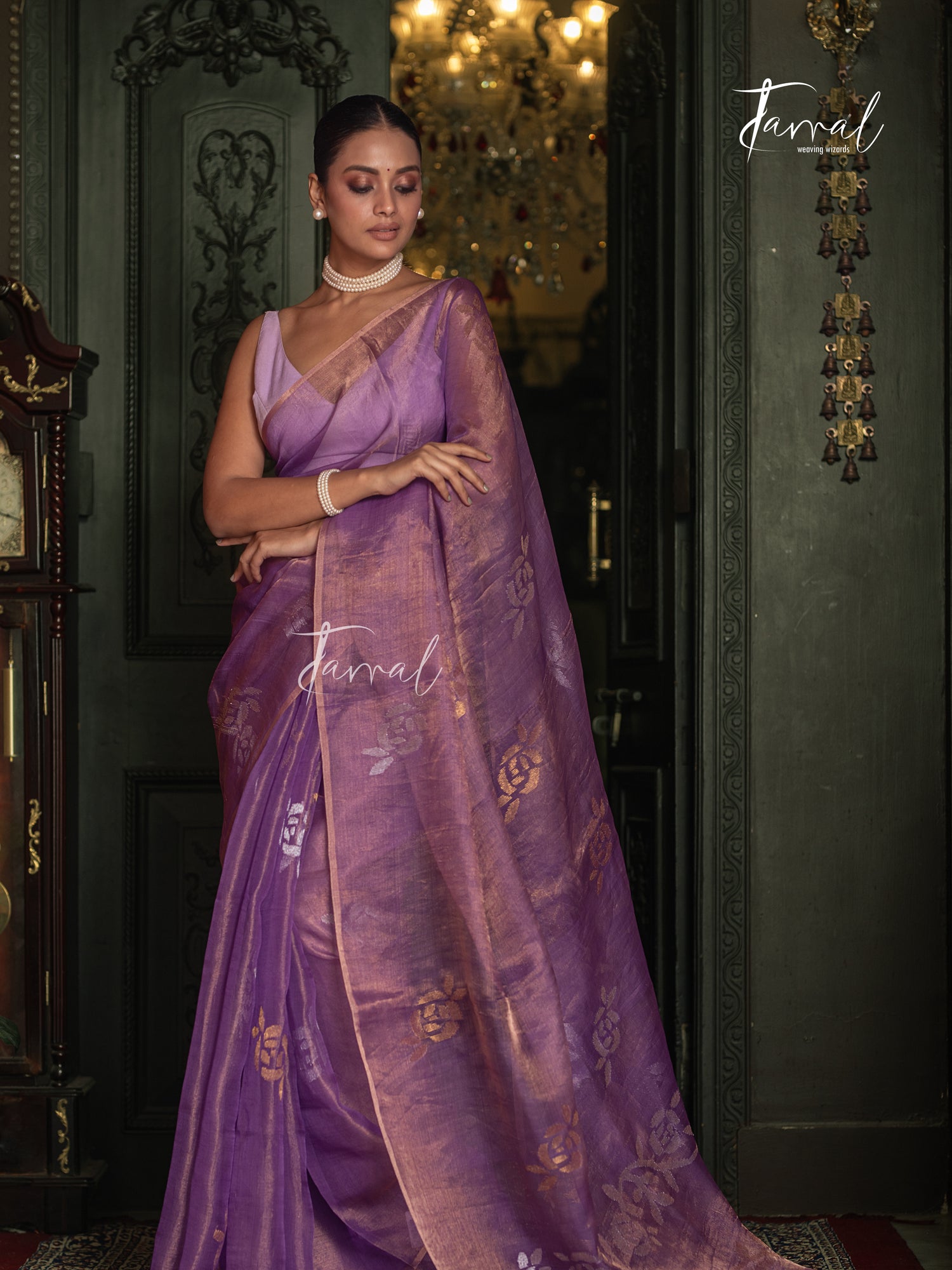 Lavender Gold With Golden Rose Tissu Muslin Handwoven Jamdani Saree