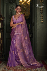 Lavender Gold With Golden Rose Tissu Muslin Handwoven Jamdani Saree
