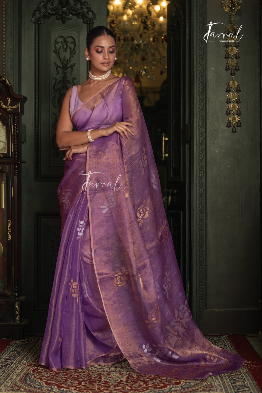 Lavender Gold With Golden Rose Tissu Muslin Handwoven Jamdani Saree