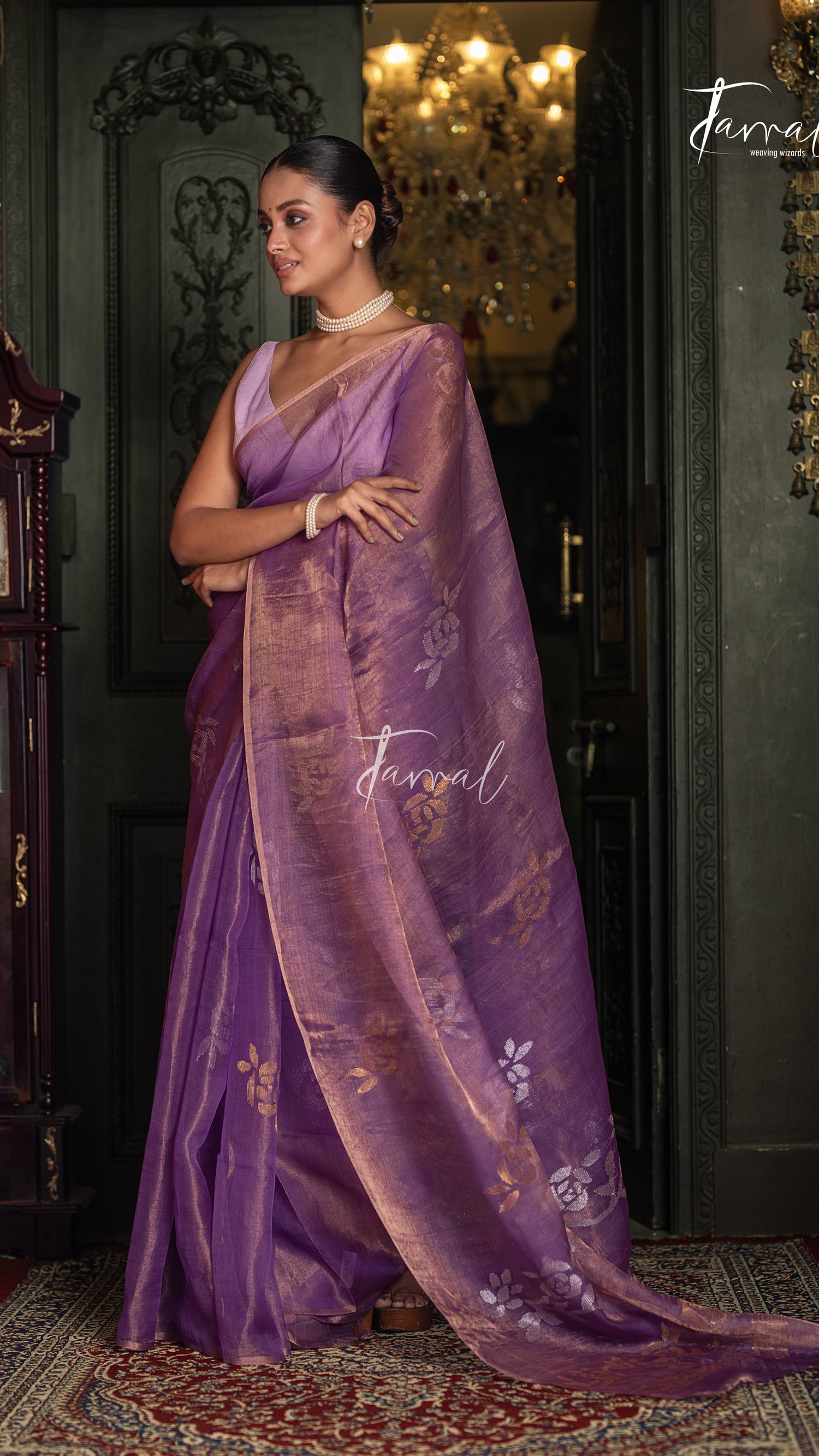 Lavender Gold With Golden Rose Tissu Muslin Handwoven Jamdani Saree