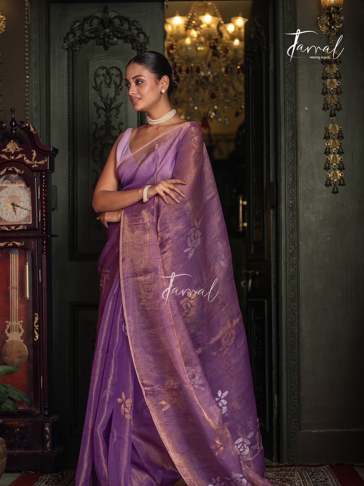 Lavender Gold With Golden Rose Tissu Muslin Handwoven Jamdani Saree