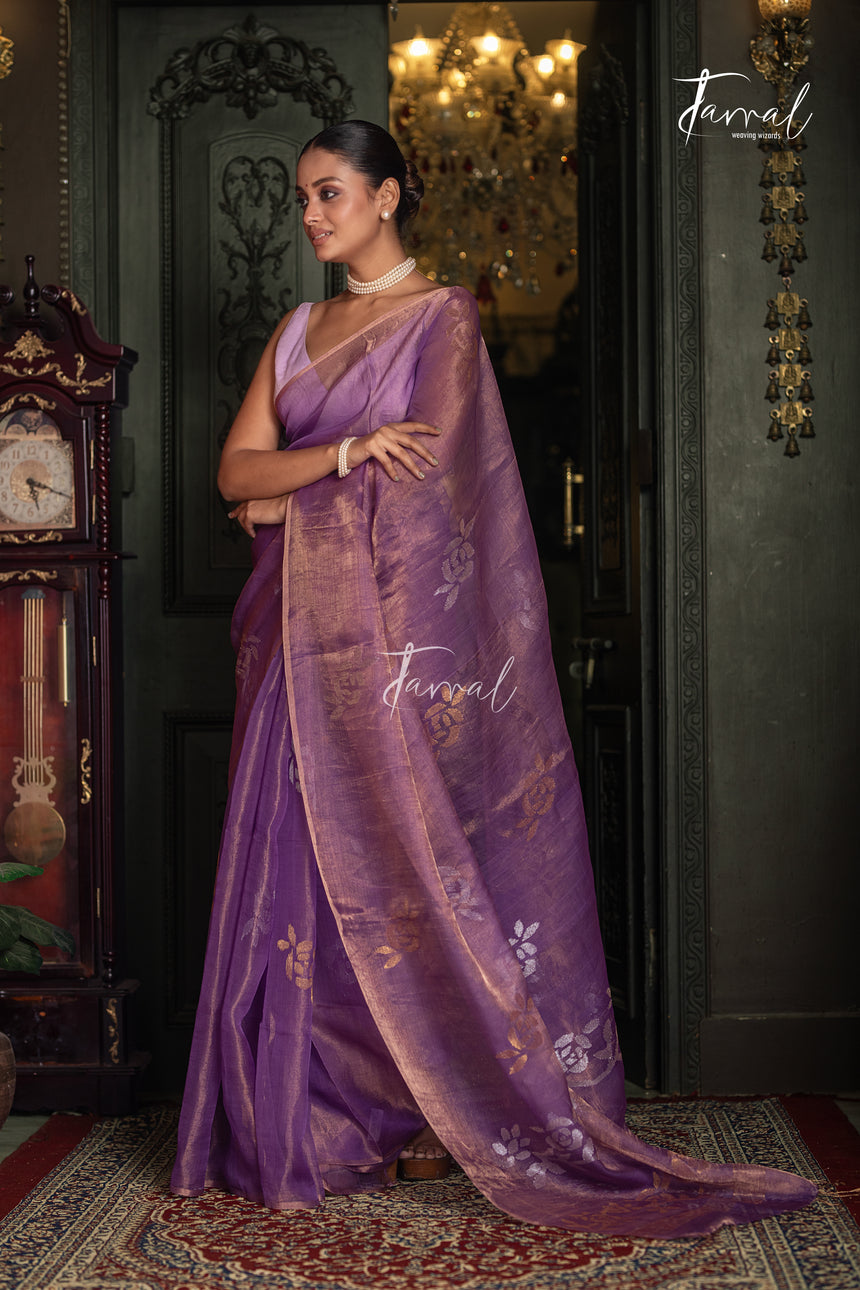 Lavender Gold With Golden Rose Tissu Muslin Handwoven Jamdani Saree