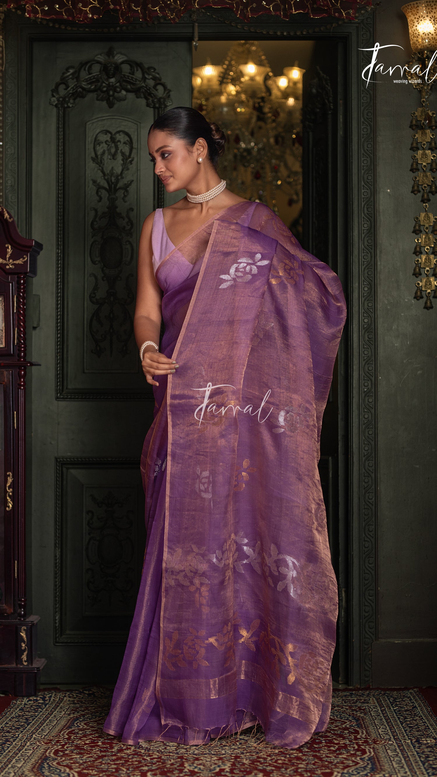 Lavender Gold With Golden Rose Tissu Muslin Handwoven Jamdani Saree