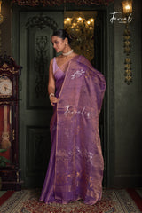 Lavender Gold With Golden Rose Tissu Muslin Handwoven Jamdani Saree