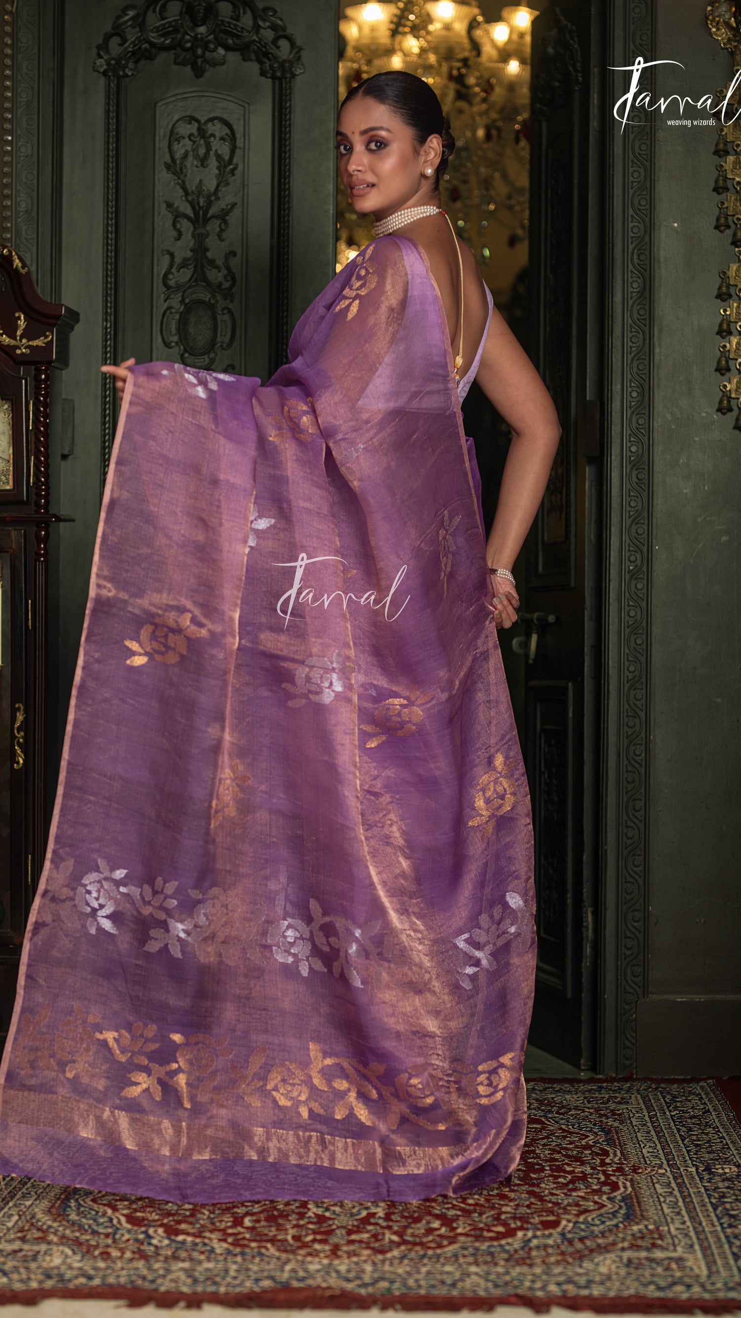 Lavender Gold With Golden Rose Tissu Muslin Handwoven Jamdani Saree
