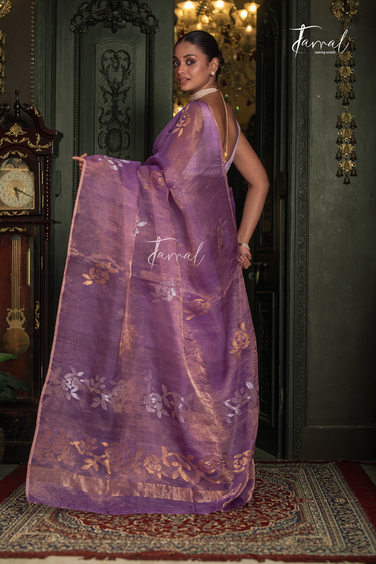 Lavender Gold With Golden Rose Tissu Muslin Handwoven Jamdani Saree