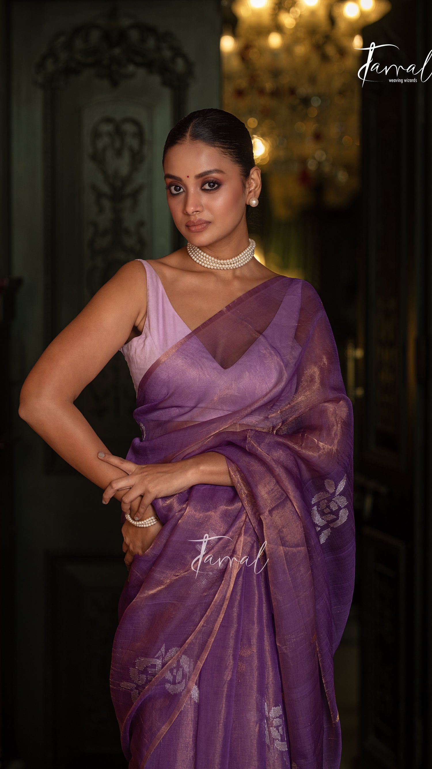 Lavender Gold With Golden Rose Tissu Muslin Handwoven Jamdani Saree