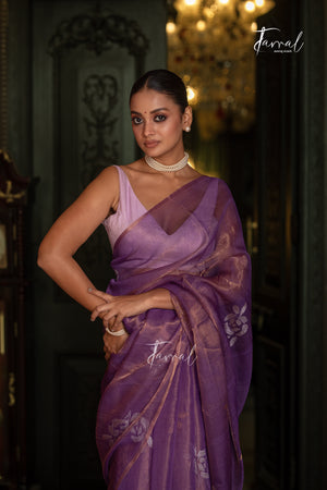 Lavender Gold With Golden Rose Tissu Muslin Handwoven Jamdani Saree
