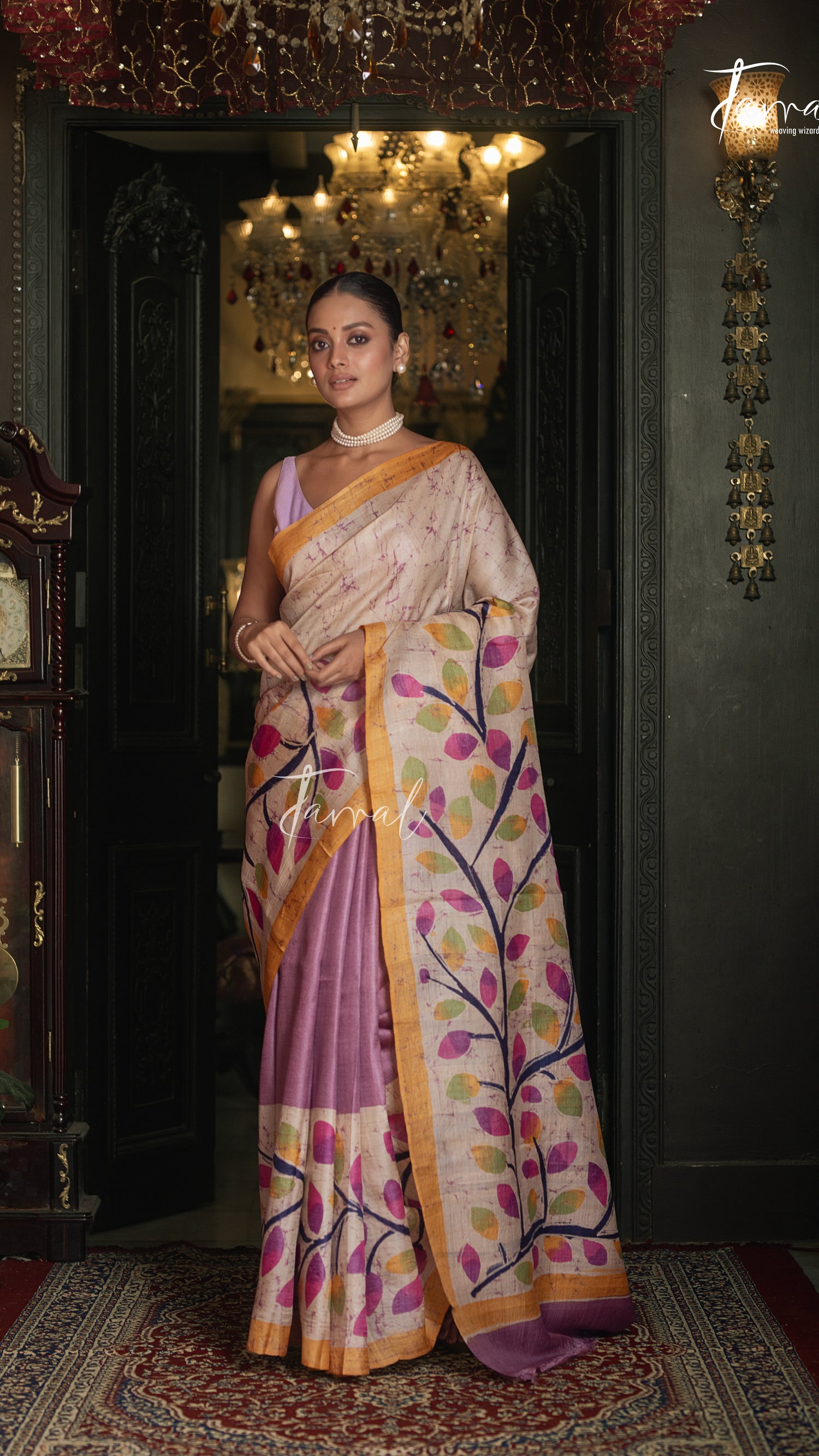 Ivory White With Yellow Border Pure Tussar Silk Handcrafted Wax Batik Saree