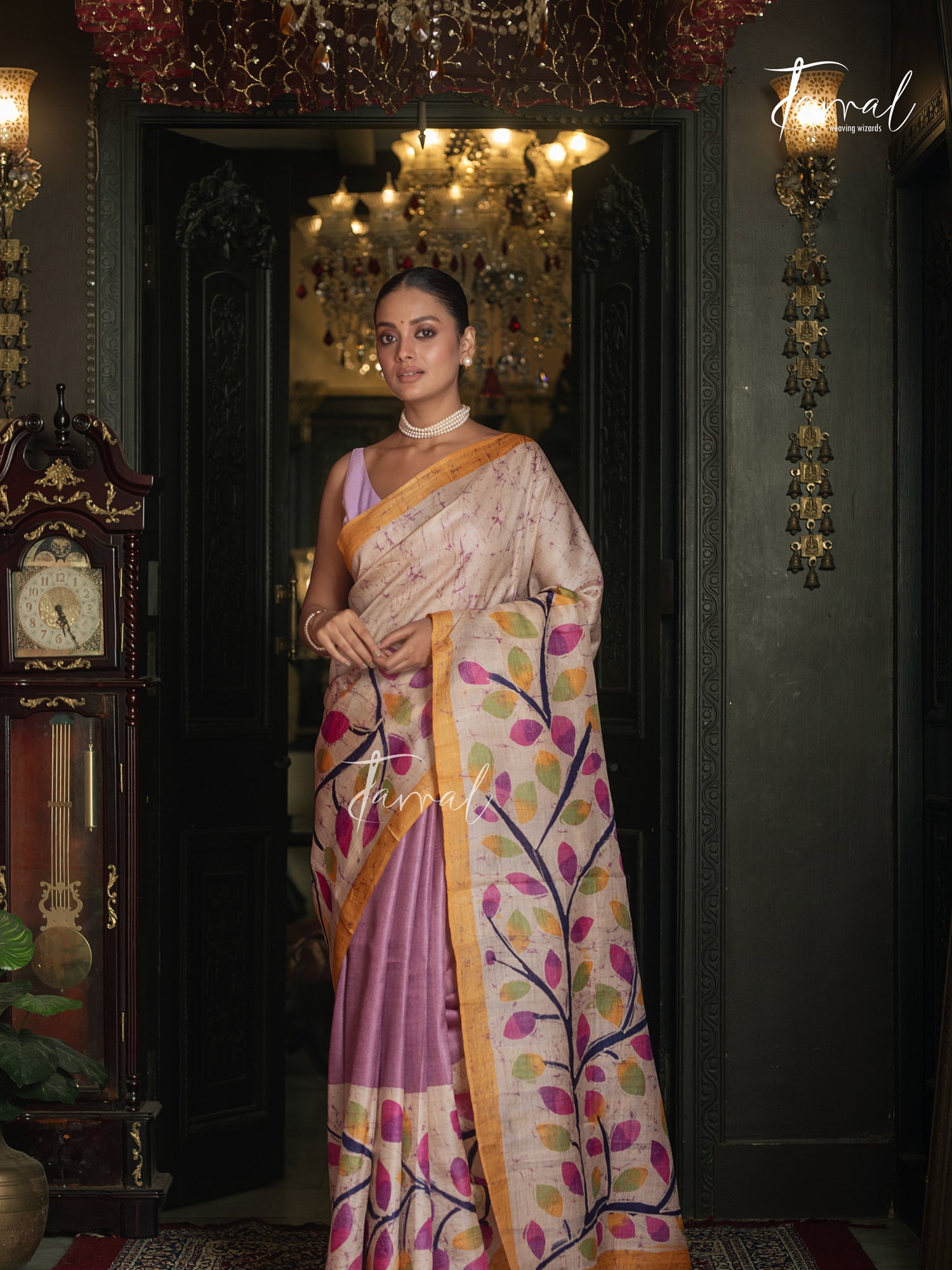 Ivory White With Yellow Border Pure Tussar Silk Handcrafted Wax Batik Saree