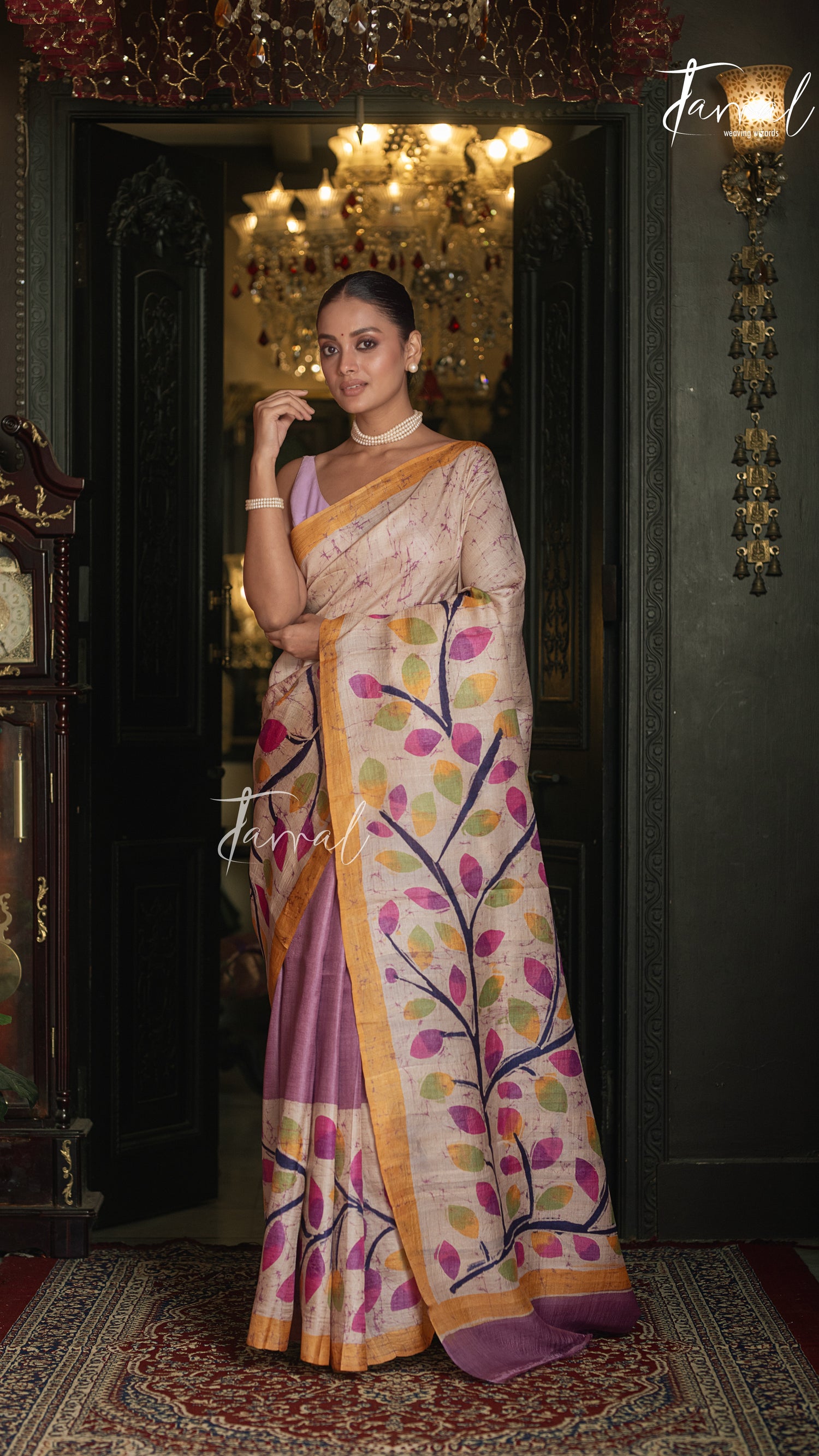 Ivory White With Yellow Border Pure Tussar Silk Handcrafted Wax Batik Saree