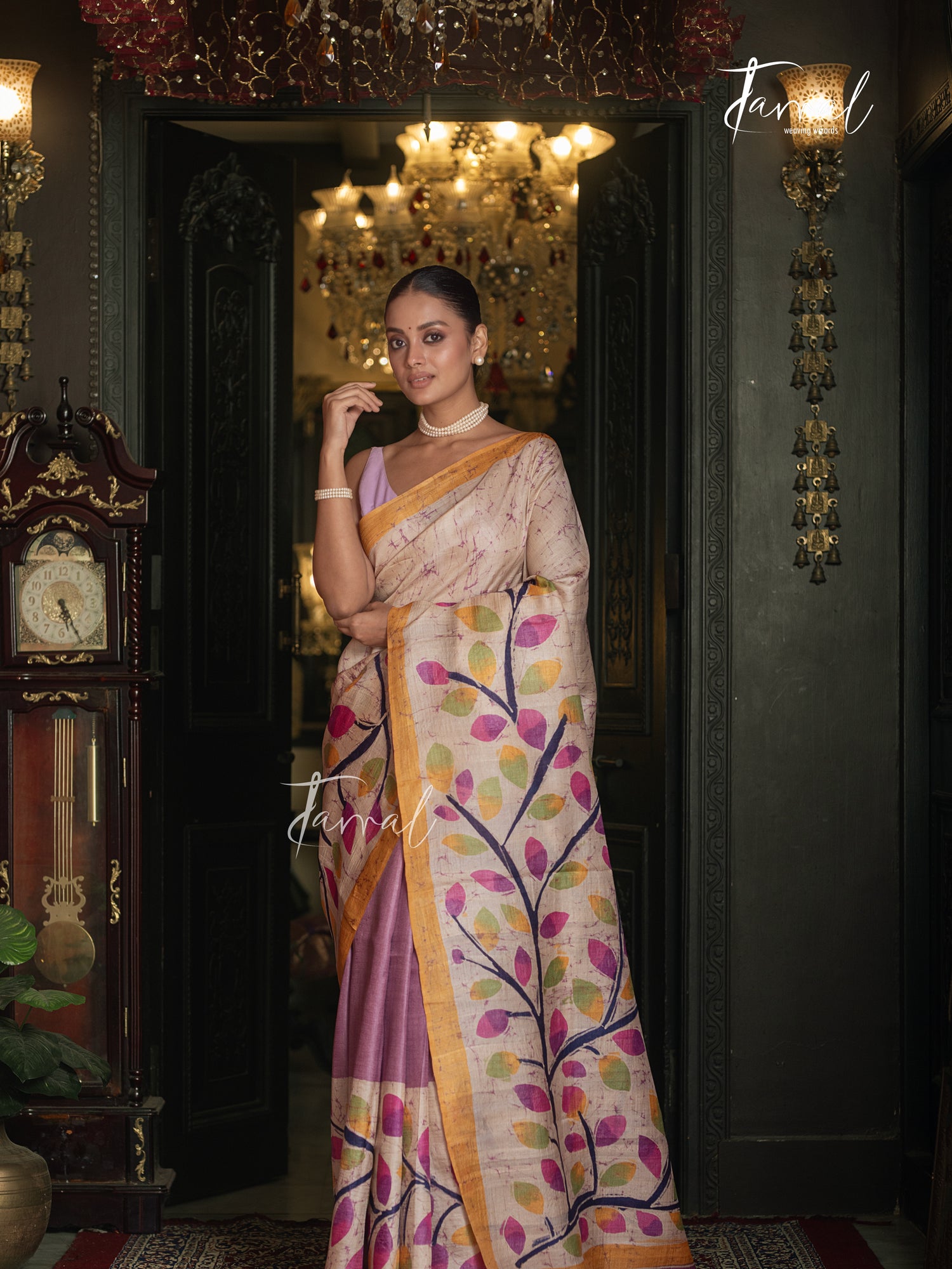 Ivory White With Yellow Border Pure Tussar Silk Handcrafted Wax Batik Saree